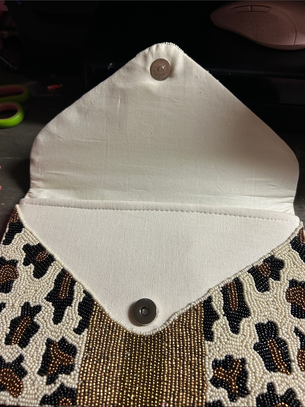White Leopard Queen Bee Beaded Envelope Clutch features a distinct golden bee - Picture 3 of 5